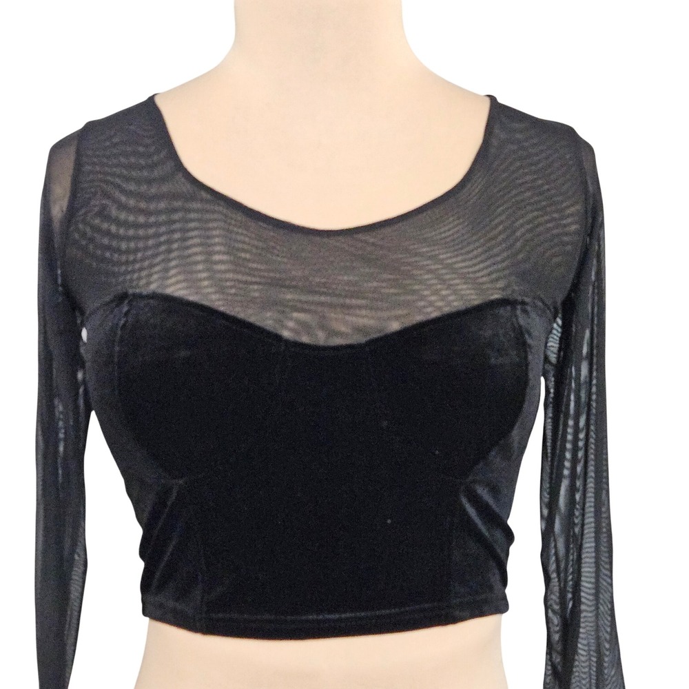 Poof Black Velvet Mesh Long Sleeve Crop Top Bustier Style Large Goth Y2K Punk